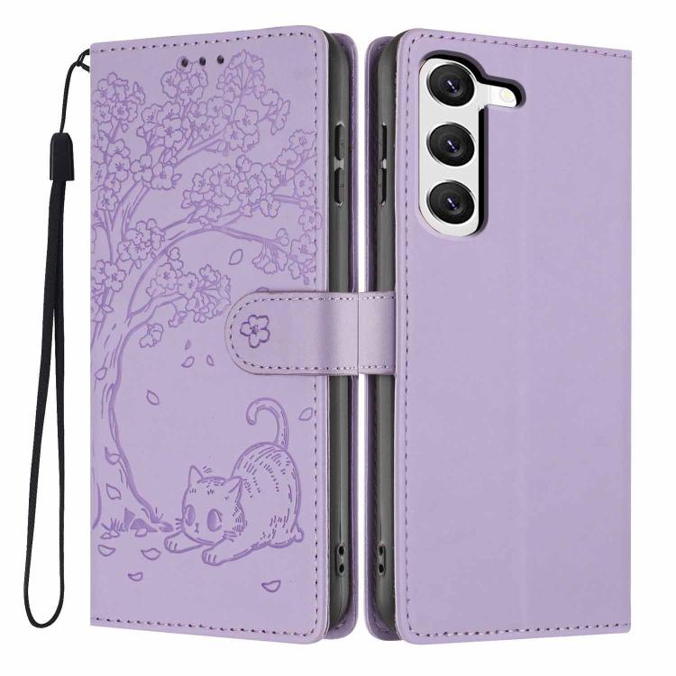 Custodia per telefono in ecopelle con stampa a rilievo di gatto sugli alberi, For Samsung Galaxy S23 FE 5G, For Samsung Galaxy S23 Ultra 5G, For Samsung Galaxy S23+ 5G