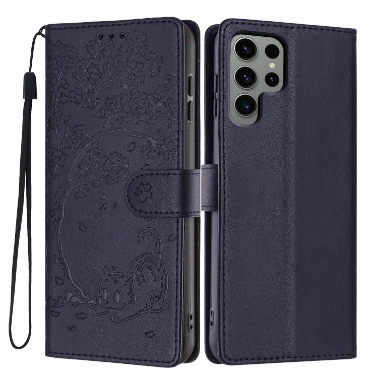 Custodia per telefono in ecopelle con stampa a rilievo di gatto sugli alberi, For Samsung Galaxy S23 FE 5G, For Samsung Galaxy S23 Ultra 5G, For Samsung Galaxy S23+ 5G