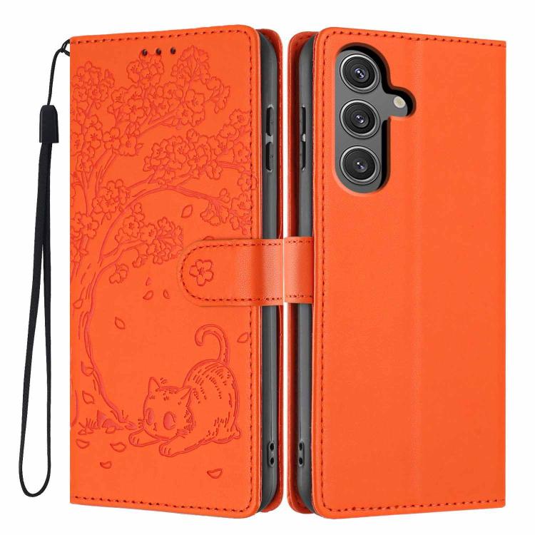 Custodia per telefono in ecopelle con stampa a rilievo di gatto sugli alberi, For Samsung Galaxy S24 Ultra 5G, For Samsung Galaxy S24+ 5G, For Samsung Galaxy S24 5G