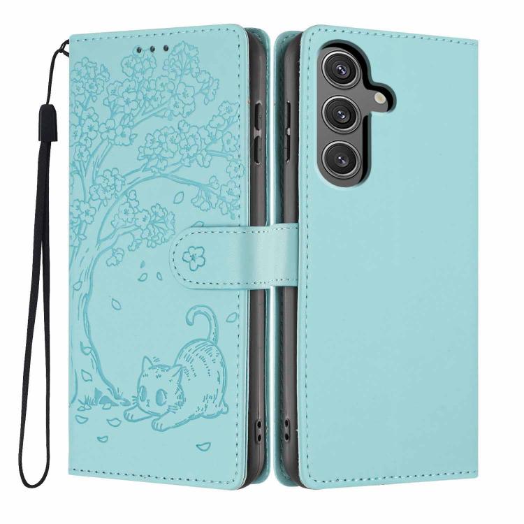 Custodia per telefono in ecopelle con stampa a rilievo di gatto sugli alberi, For Samsung Galaxy S24 Ultra 5G, For Samsung Galaxy S24+ 5G, For Samsung Galaxy S24 5G