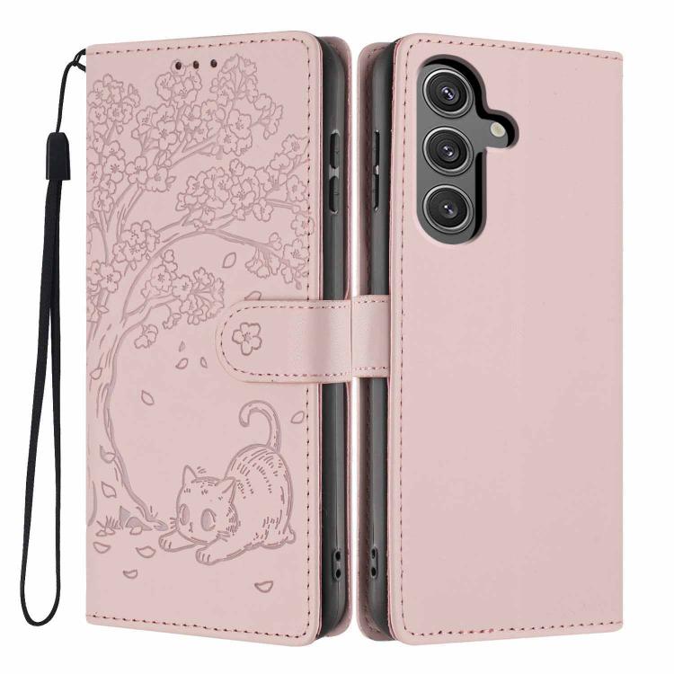 Custodia per telefono in ecopelle con stampa a rilievo di gatto sugli alberi, For Samsung Galaxy S24 Ultra 5G, For Samsung Galaxy S24+ 5G, For Samsung Galaxy S24 5G