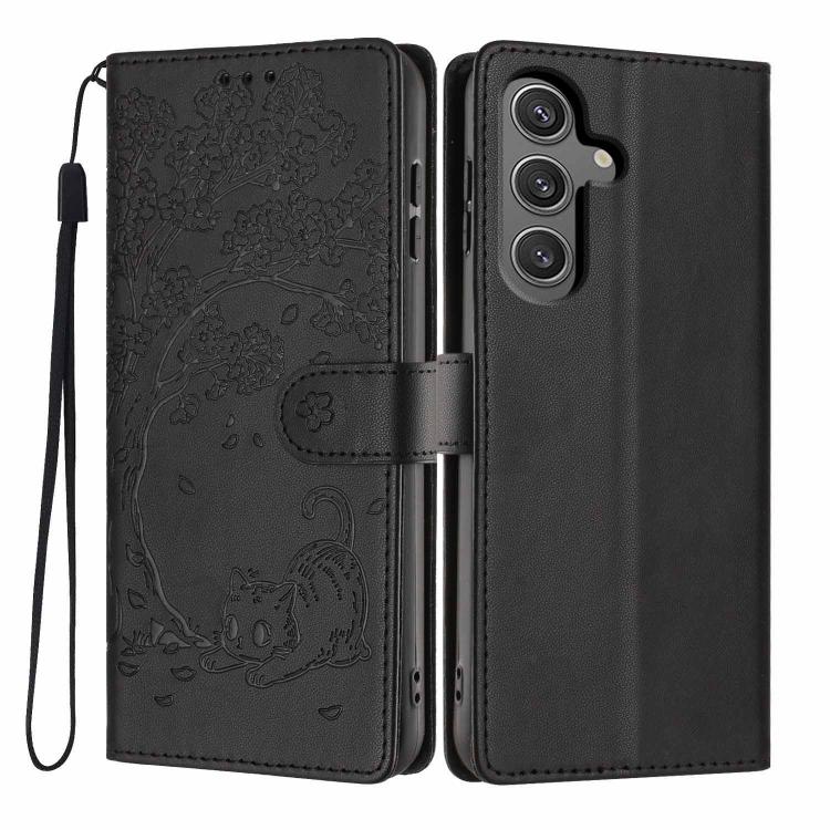 Custodia per telefono in ecopelle con stampa a rilievo di gatto sugli alberi, For Samsung Galaxy S24 Ultra 5G, For Samsung Galaxy S24+ 5G, For Samsung Galaxy S24 5G