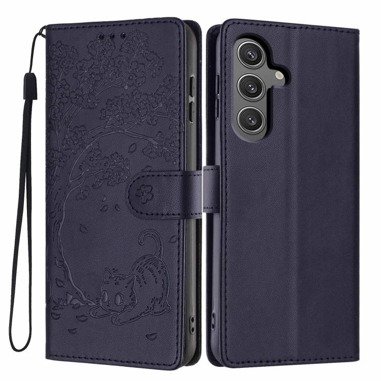 Custodia per telefono in ecopelle con stampa a rilievo di gatto sugli alberi, For Samsung Galaxy S24 Ultra 5G, For Samsung Galaxy S24+ 5G, For Samsung Galaxy S24 5G