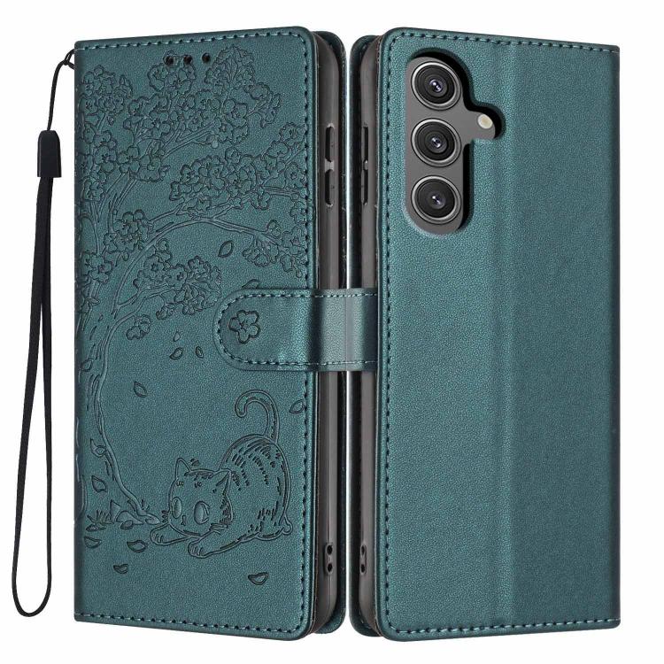 Custodia per telefono in ecopelle con stampa a rilievo di gatto sugli alberi, For Samsung Galaxy S24 Ultra 5G, For Samsung Galaxy S24+ 5G, For Samsung Galaxy S24 5G