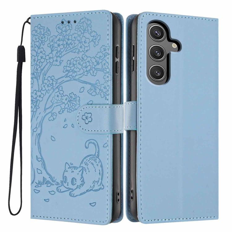 Custodia per telefono in ecopelle con stampa a rilievo di gatto sugli alberi, For Samsung Galaxy S24 Ultra 5G, For Samsung Galaxy S24+ 5G, For Samsung Galaxy S24 5G