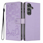Custodia per telefono in ecopelle con stampa a rilievo di gatto sugli alberi, For Samsung Galaxy S24 Ultra 5G, For Samsung Galaxy S24+ 5G, For Samsung Galaxy S24 5G