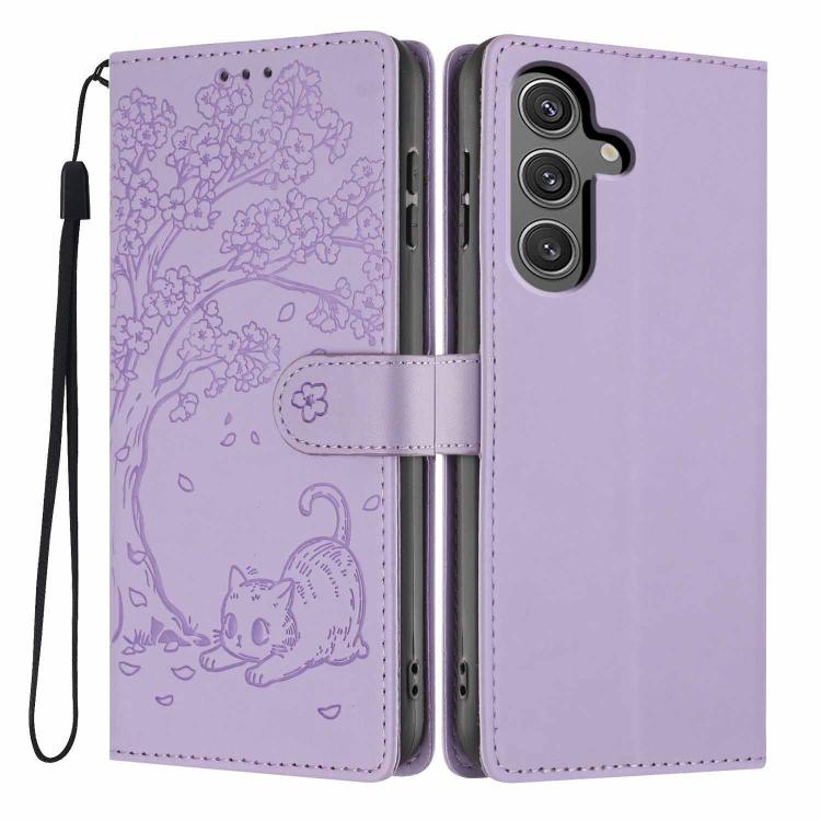 Custodia per telefono in ecopelle con stampa a rilievo di gatto sugli alberi, For Samsung Galaxy S24 Ultra 5G, For Samsung Galaxy S24+ 5G, For Samsung Galaxy S24 5G