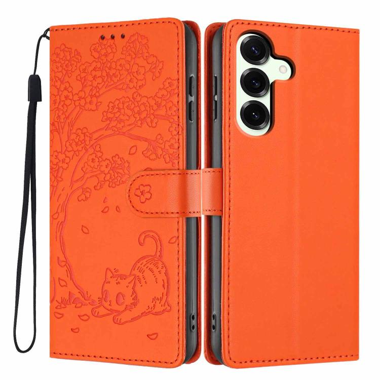 Custodia per telefono in ecopelle con stampa a rilievo di gatto sugli alberi, For Samsung Galaxy S25+ 5G, For Samsung Galaxy S25 Ultra 5G, For Samsung Galaxy S24 FE 5G