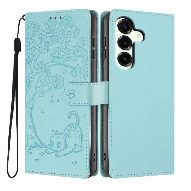 Custodia per telefono in ecopelle con stampa a rilievo di gatto sugli alberi, For Samsung Galaxy S25+ 5G, For Samsung Galaxy S25 Ultra 5G, For Samsung Galaxy S24 FE 5G