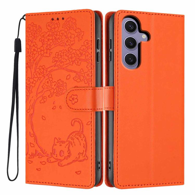 Custodia per telefono in ecopelle con stampa a rilievo di gatto sugli alberi, For Samsung Galaxy S24 Ultra 5G, For Samsung Galaxy S24+ 5G, For Samsung Galaxy S24 5G
