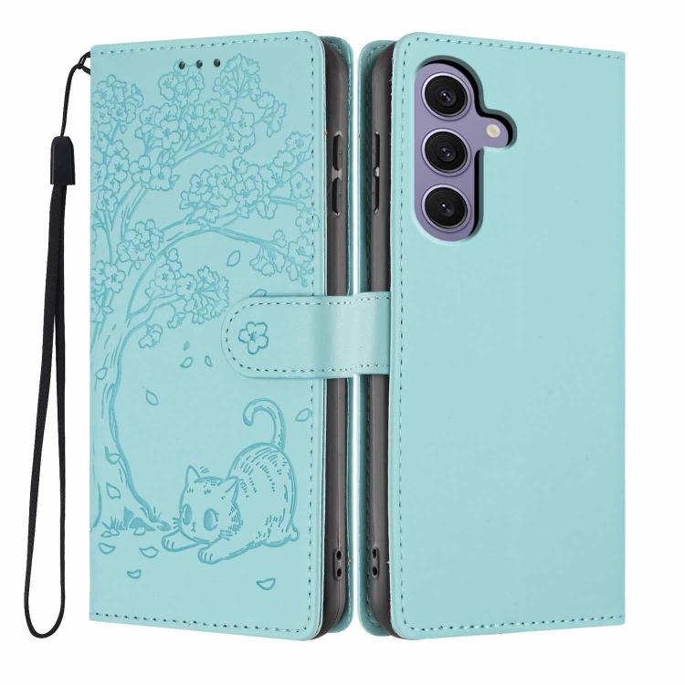 Custodia per telefono in ecopelle con stampa a rilievo di gatto sugli alberi, For Samsung Galaxy S24 Ultra 5G, For Samsung Galaxy S24+ 5G, For Samsung Galaxy S24 5G