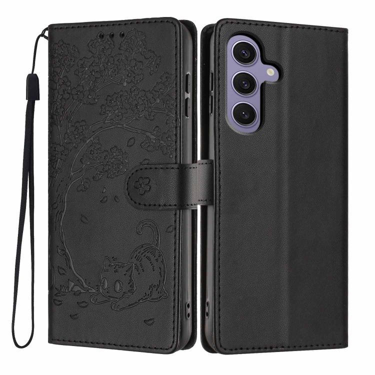 Custodia per telefono in ecopelle con stampa a rilievo di gatto sugli alberi, For Samsung Galaxy S24 Ultra 5G, For Samsung Galaxy S24+ 5G, For Samsung Galaxy S24 5G