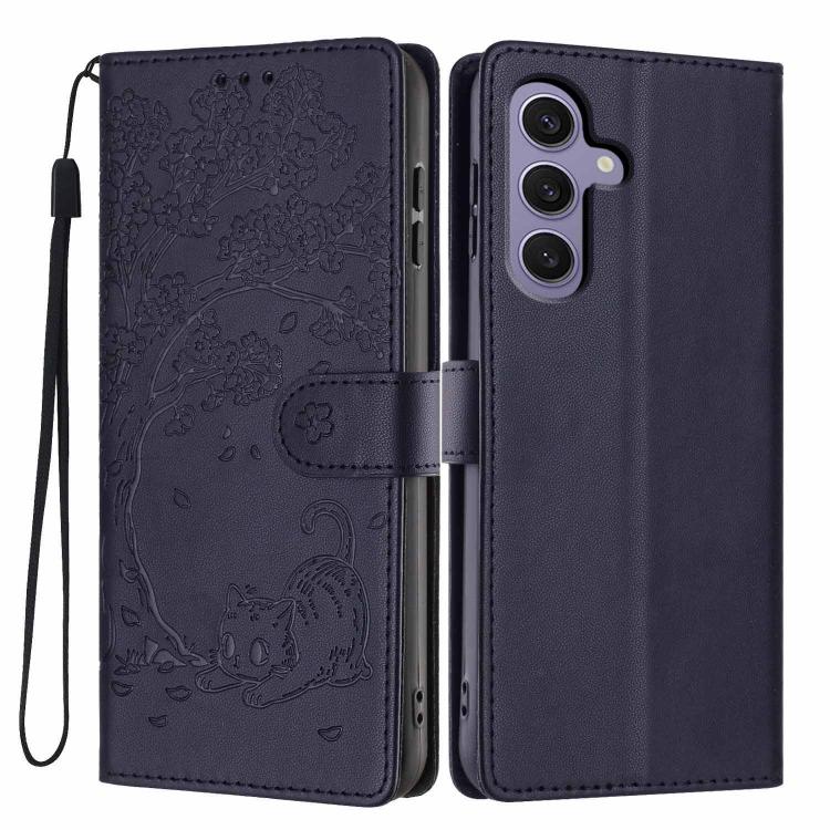 Custodia per telefono in ecopelle con stampa a rilievo di gatto sugli alberi, For Samsung Galaxy S24 Ultra 5G, For Samsung Galaxy S24+ 5G, For Samsung Galaxy S24 5G