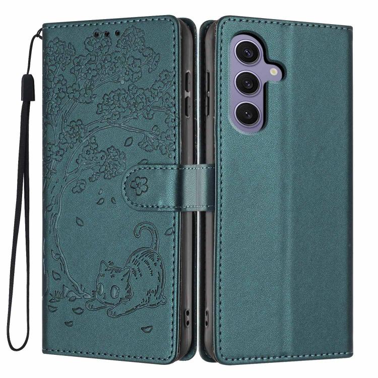Custodia per telefono in ecopelle con stampa a rilievo di gatto sugli alberi, For Samsung Galaxy S24 Ultra 5G, For Samsung Galaxy S24+ 5G, For Samsung Galaxy S24 5G