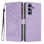 Custodia per telefono in ecopelle con stampa a rilievo di gatto sugli alberi, For Samsung Galaxy S24 Ultra 5G, For Samsung Galaxy S24+ 5G, For Samsung Galaxy S24 5G