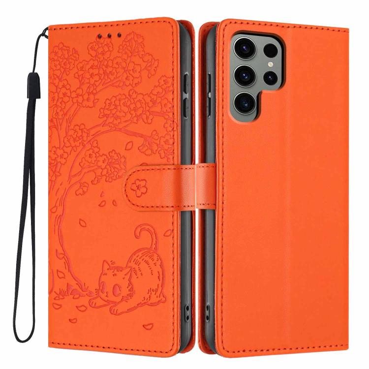 Custodia per telefono in ecopelle con stampa a rilievo di gatto sugli alberi, For Samsung Galaxy S24 Ultra 5G, For Samsung Galaxy S24+ 5G, For Samsung Galaxy S24 5G