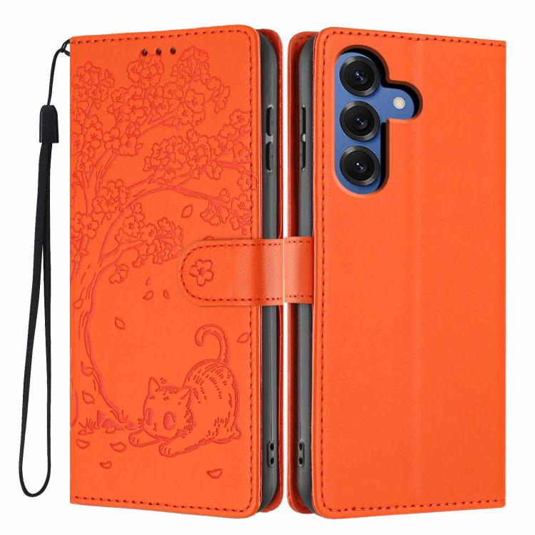 Custodia per telefono in ecopelle con stampa a rilievo di gatto sugli alberi, For Samsung Galaxy S26+ 5G, For Samsung Galaxy S26 Ultra 5G, For Samsung Galaxy S26 5G