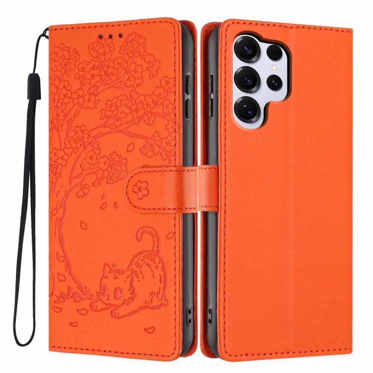 Custodia per telefono in ecopelle con stampa a rilievo di gatto sugli alberi, For Samsung Galaxy S26+ 5G, For Samsung Galaxy S26 Ultra 5G, For Samsung Galaxy S26 5G
