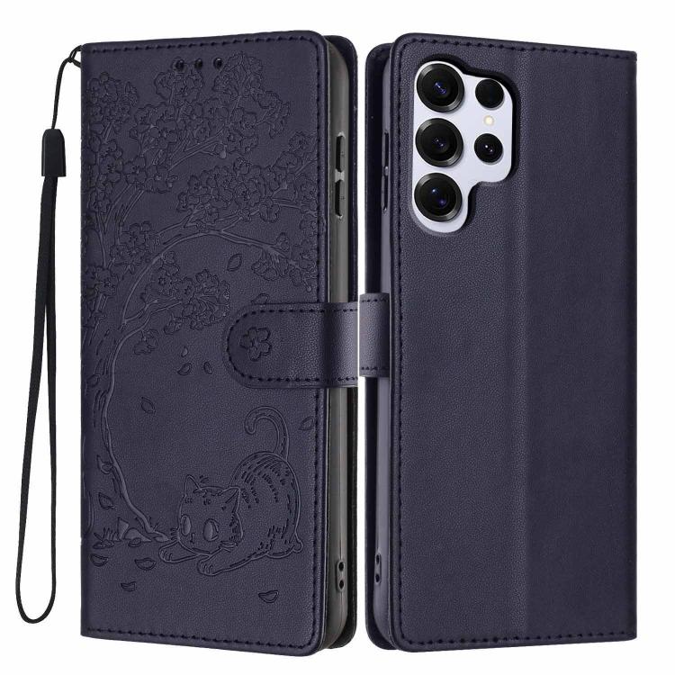 Custodia per telefono in ecopelle con stampa a rilievo di gatto sugli alberi, For Samsung Galaxy S26+ 5G, For Samsung Galaxy S26 Ultra 5G, For Samsung Galaxy S26 5G