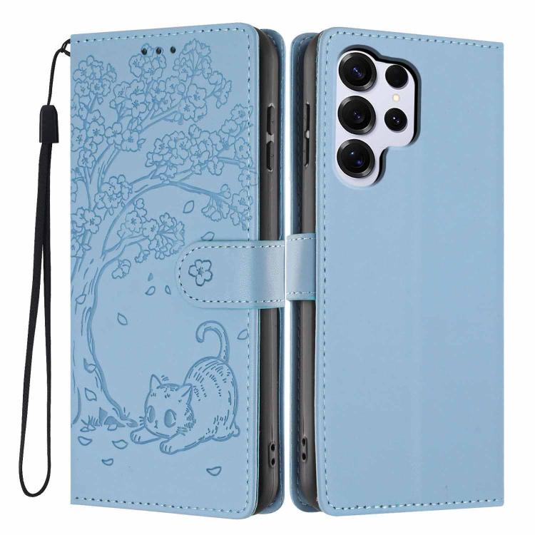 Custodia per telefono in ecopelle con stampa a rilievo di gatto sugli alberi, For Samsung Galaxy S26+ 5G, For Samsung Galaxy S26 Ultra 5G, For Samsung Galaxy S26 5G