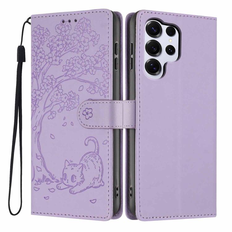 Custodia per telefono in ecopelle con stampa a rilievo di gatto sugli alberi, For Samsung Galaxy S26+ 5G, For Samsung Galaxy S26 Ultra 5G, For Samsung Galaxy S26 5G