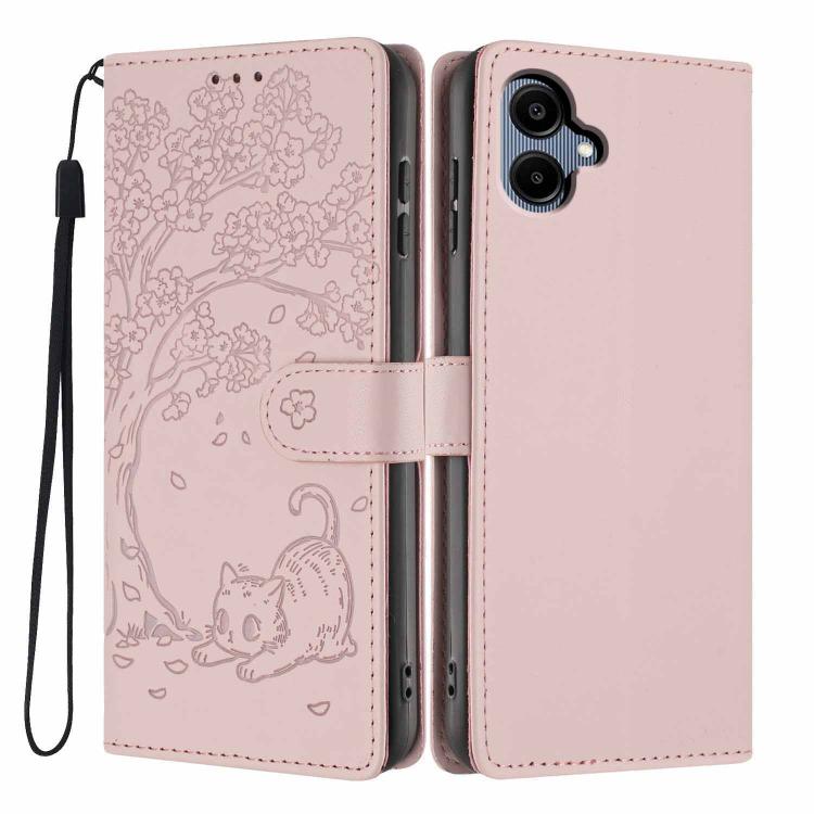 Custodia per telefono in ecopelle con stampa a rilievo di gatto sugli alberi, For Samsung Galaxy M06 5G, For Samsung Galaxy M53, For Samsung Galaxy M33 5G