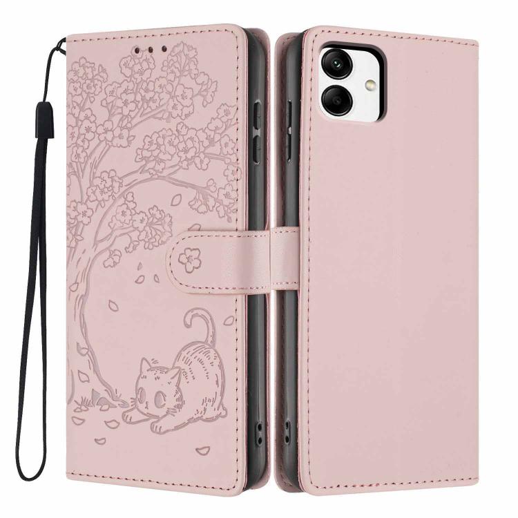 Custodia per telefono in ecopelle con stampa a rilievo di gatto sugli alberi, For Samsung Galaxy A04e, For Samsung Galaxy A14 5G, For Samsung Galaxy A04