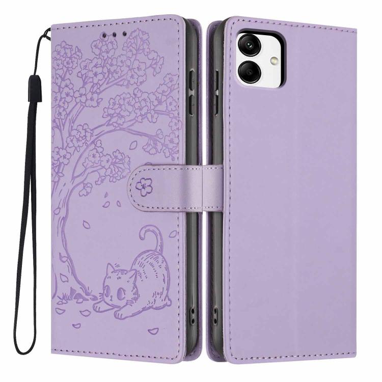 Custodia per telefono in ecopelle con stampa a rilievo di gatto sugli alberi, For Samsung Galaxy A04e, For Samsung Galaxy A14 5G, For Samsung Galaxy A04