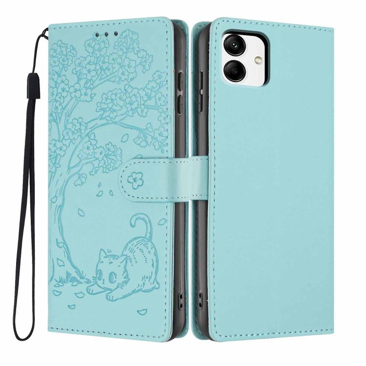 Custodia per telefono in ecopelle con stampa a rilievo di gatto sugli alberi, For Samsung Galaxy A04e, For Samsung Galaxy A14 5G, For Samsung Galaxy A04