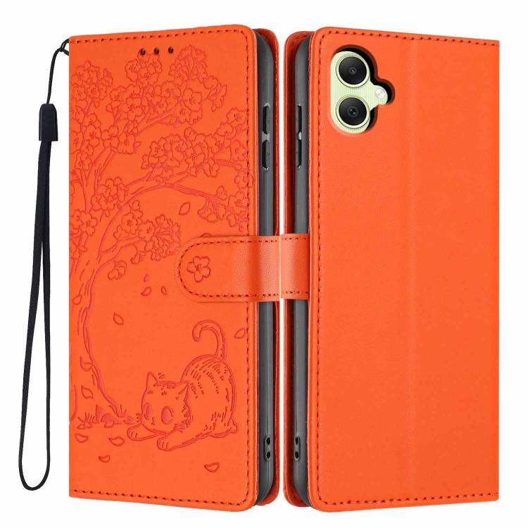 Custodia per telefono in ecopelle con stampa a rilievo di gatto sugli alberi, For Samsung Galaxy A35 5G, For Samsung Galaxy A15, For Samsung Galaxy A05