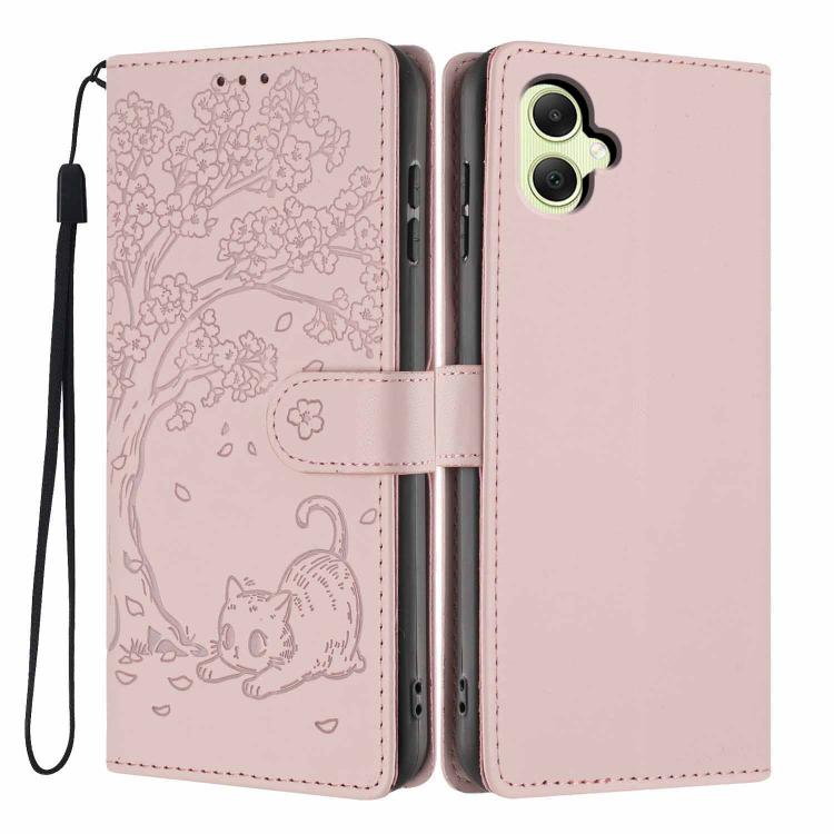 Custodia per telefono in ecopelle con stampa a rilievo di gatto sugli alberi, For Samsung Galaxy A35 5G, For Samsung Galaxy A15, For Samsung Galaxy A05