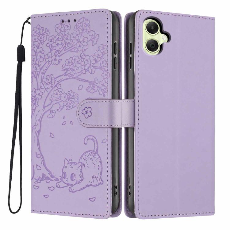 Custodia per telefono in ecopelle con stampa a rilievo di gatto sugli alberi, For Samsung Galaxy A35 5G, For Samsung Galaxy A15, For Samsung Galaxy A05