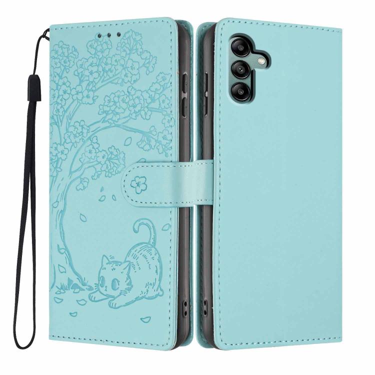 Custodia per telefono in ecopelle con stampa a rilievo di gatto sugli alberi, For Samsung Galaxy A13 5G / A04s, For Samsung Galaxy A53 5G, For Samsung Galaxy A73 5G