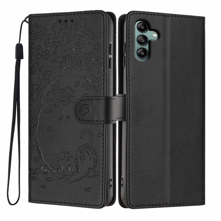 Custodia per telefono in ecopelle con stampa a rilievo di gatto sugli alberi, For Samsung Galaxy A13 5G / A04s, For Samsung Galaxy A53 5G, For Samsung Galaxy A73 5G