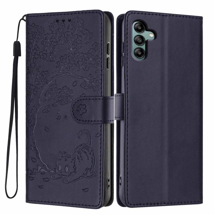 Custodia per telefono in ecopelle con stampa a rilievo di gatto sugli alberi, For Samsung Galaxy A13 5G / A04s, For Samsung Galaxy A53 5G, For Samsung Galaxy A73 5G