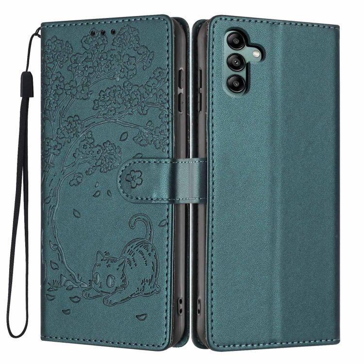 Custodia per telefono in ecopelle con stampa a rilievo di gatto sugli alberi, For Samsung Galaxy A13 5G / A04s, For Samsung Galaxy A53 5G, For Samsung Galaxy A73 5G