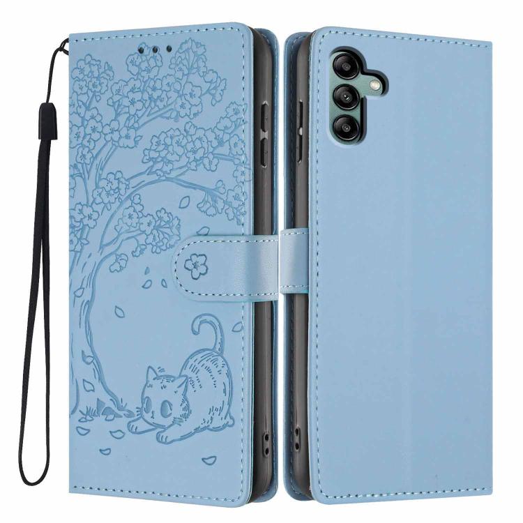 Custodia per telefono in ecopelle con stampa a rilievo di gatto sugli alberi, For Samsung Galaxy A13 5G / A04s, For Samsung Galaxy A53 5G, For Samsung Galaxy A73 5G