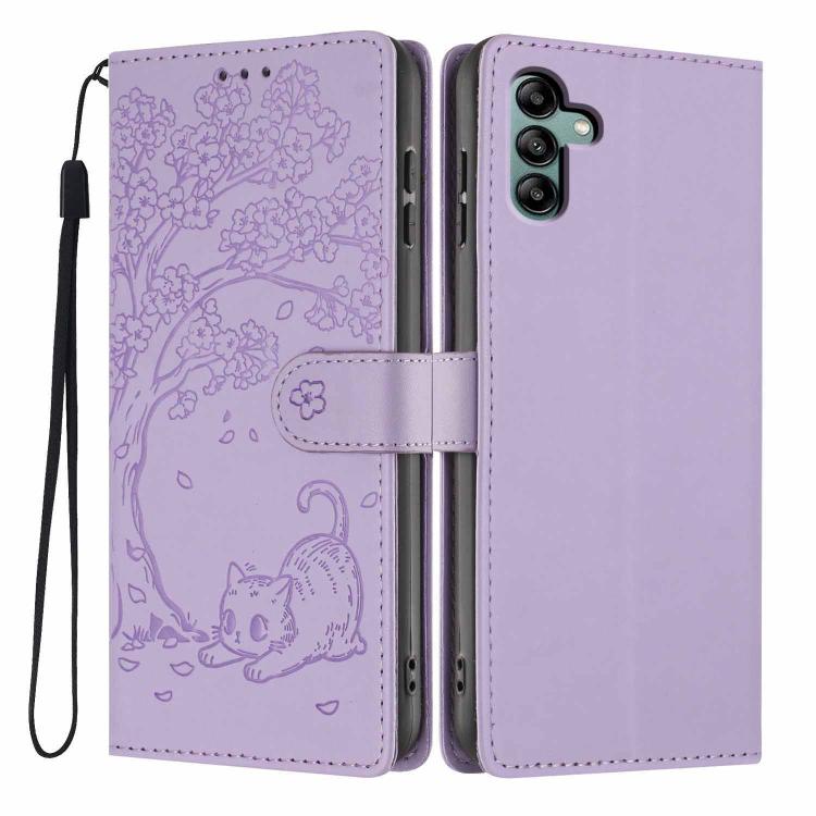 Custodia per telefono in ecopelle con stampa a rilievo di gatto sugli alberi, For Samsung Galaxy A13 5G / A04s, For Samsung Galaxy A53 5G, For Samsung Galaxy A73 5G