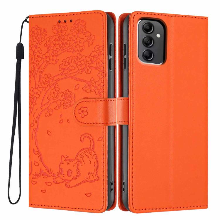 Custodia per telefono in ecopelle con stampa a rilievo di gatto sugli alberi, For Samsung Galaxy A04e, For Samsung Galaxy A14 5G, For Samsung Galaxy A04