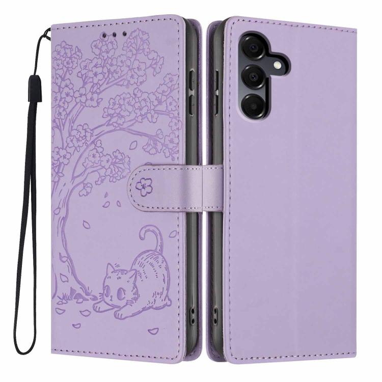 Custodia per telefono in ecopelle con stampa a rilievo di gatto sugli alberi, For Samsung Galaxy A35 5G, For Samsung Galaxy A15, For Samsung Galaxy A05
