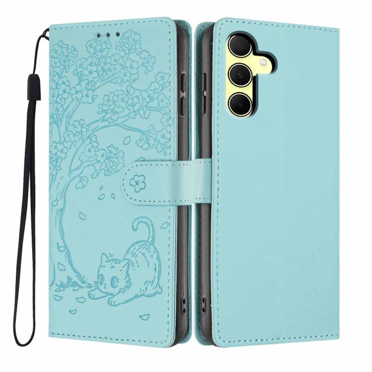 Custodia per telefono in ecopelle con stampa a rilievo di gatto sugli alberi, For Samsung Galaxy A35 5G, For Samsung Galaxy A15, For Samsung Galaxy A05