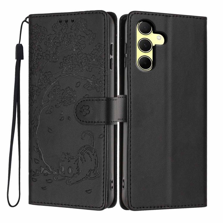Custodia per telefono in ecopelle con stampa a rilievo di gatto sugli alberi, For Samsung Galaxy A35 5G, For Samsung Galaxy A15, For Samsung Galaxy A05