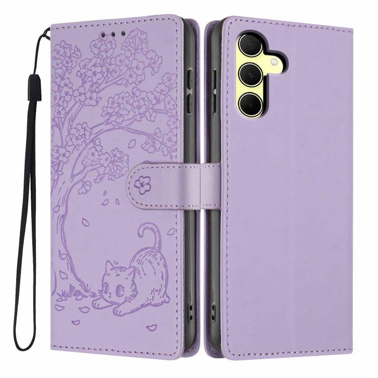 Custodia per telefono in ecopelle con stampa a rilievo di gatto sugli alberi, For Samsung Galaxy A35 5G, For Samsung Galaxy A15, For Samsung Galaxy A05