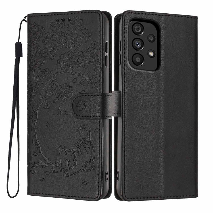 Custodia per telefono in ecopelle con stampa a rilievo di gatto sugli alberi, For Samsung Galaxy A13 5G / A04s, For Samsung Galaxy A53 5G, For Samsung Galaxy A73 5G