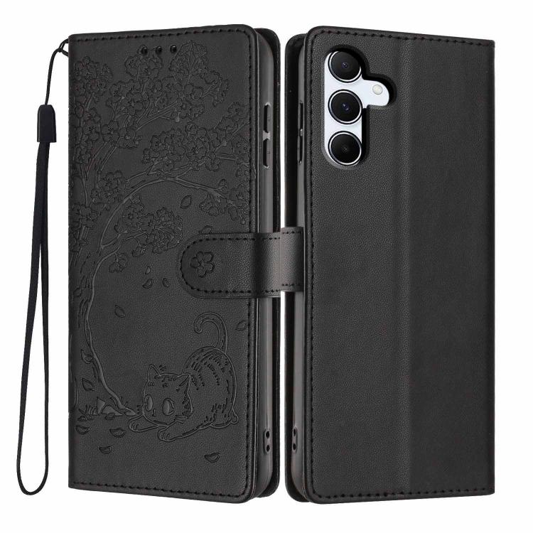 Custodia per telefono in ecopelle con stampa a rilievo di gatto sugli alberi, For Samsung Galaxy A16 4G / 5G, For Samsung Galaxy A06 4G, For Samsung Galaxy A55 5G
