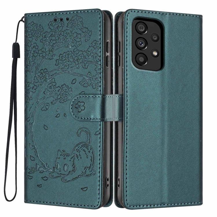 Custodia per telefono in ecopelle con stampa a rilievo di gatto sugli alberi, For Samsung Galaxy A13 5G / A04s, For Samsung Galaxy A53 5G, For Samsung Galaxy A73 5G