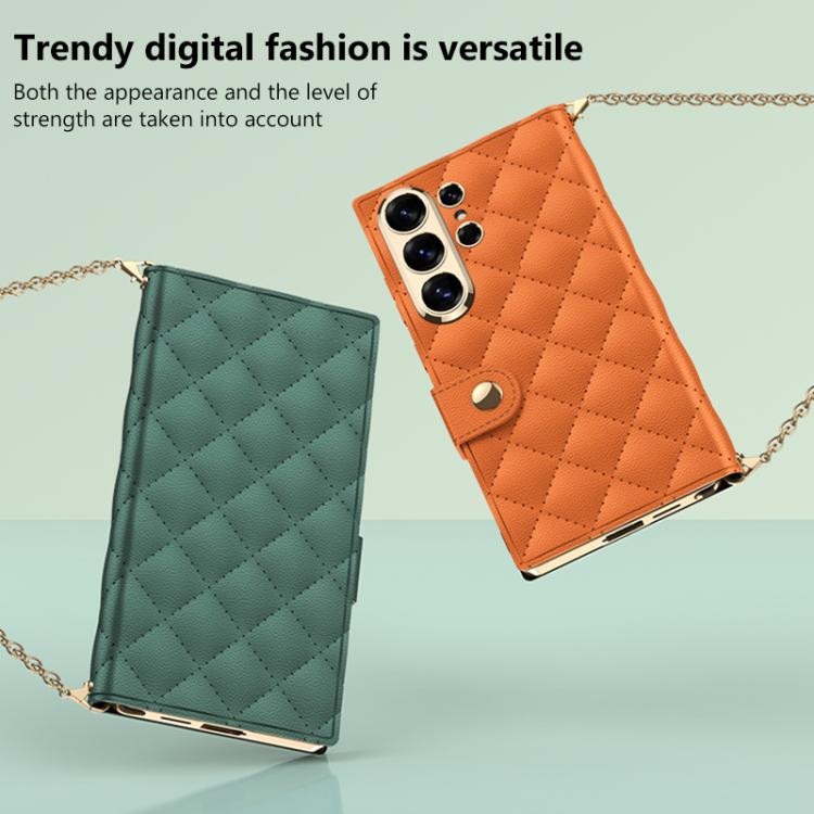 Custodia per telefono in pelle con texture diamantata placcata GKK e catena a tracolla., For Samsung Galaxy S26 Ultra 5G