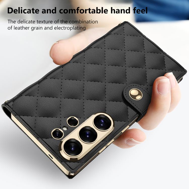 Custodia per telefono in pelle con texture diamantata placcata GKK e catena a tracolla., For Samsung Galaxy S26 Ultra 5G