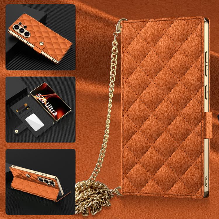 Custodia per telefono in pelle con texture diamantata placcata GKK e catena a tracolla., For Samsung Galaxy S26 Ultra 5G