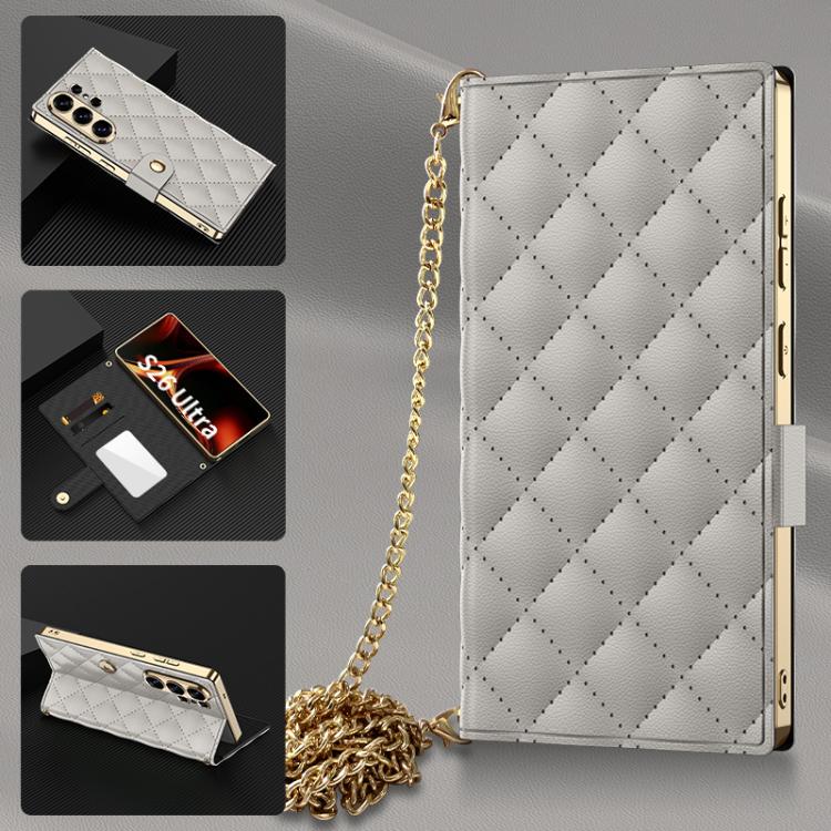 Custodia per telefono in pelle con texture diamantata placcata GKK e catena a tracolla., For Samsung Galaxy S26 Ultra 5G